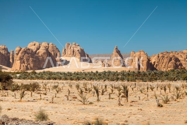 Majestic Rocky Desert Landscape with Dramatic Mountains. Saudi Arabia. AlUla. Majestic Rocky Desert Landscape with Dramatic Mountains. Saudi Arabia. AlUla.