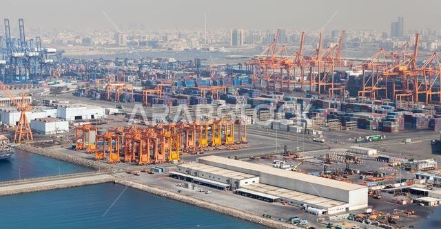 Jeddah, Saudi Arabia - December 22, 2019: Gantry cranes of Jeddah Islamic Seaport. Container terminal