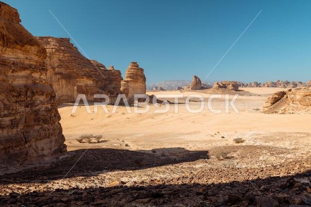 Majestic Rocky Desert Landscape with Dramatic Mountains. Saudi Arabia. AlUla. Majestic Rocky Desert Landscape with Dramatic Mountains. Saudi Arabia. AlUla.