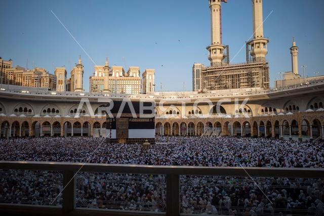 The Kaaba, where Hajj and Umrah pilgrims perform Thawaf, in Mecca, Saudi Arabia.