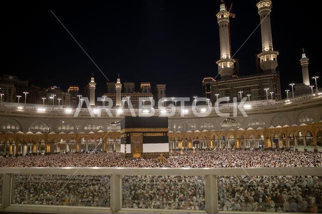 The Kaaba, where Hajj and Umrah pilgrims perform Thawaf, in Mecca, Saudi Arabia.