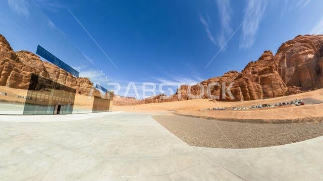 Hegra, Al-Ula, Saudi Arabia,Jan 5, 2025:mirrored facade of Maraya Concert Hall reflects majestic sandstone mountains of Ashar Valley in Alula Hegra, Al-Ula, Saudi Arabia,Jan 5, 2025:mirrored facade of Maraya Concert Hall reflects majestic sandstone mountains of Ashar Valley in Alula