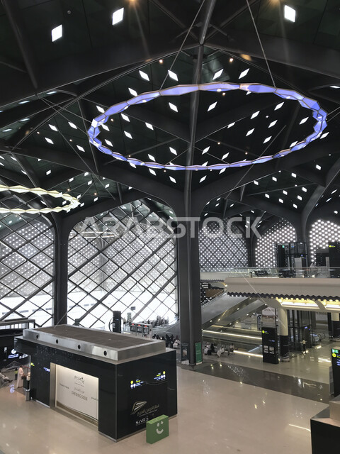 Aesthetic image inside the high-speed train station in Madinah, a high-speed train station for transporting pilgrims from Madinah to Makkah Al-Mukarramah, safe and fast transportation services for pilgrims during the Hajj season