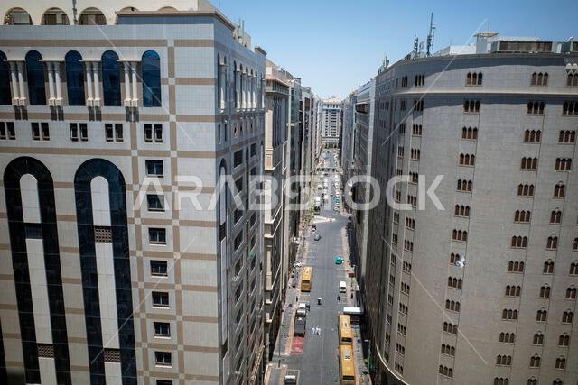 Aerial view shot of city road of Madinah, near Nabawi Mosque, Medina, Saudi Arabia.