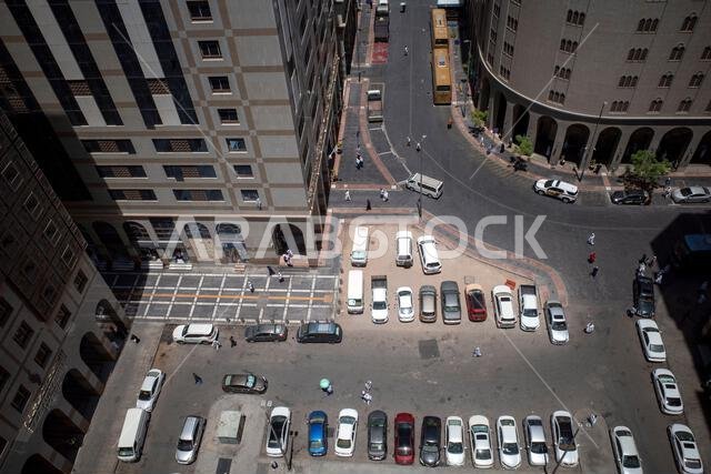 Aerial view shot of city road of Madinah, near Nabawi Mosque, Medina, Saudi Arabia.
