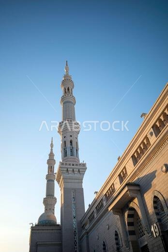 The minarets in Prophet Mosque in Madinah, also known as Masjid Nabawi, Saudi Arabia.