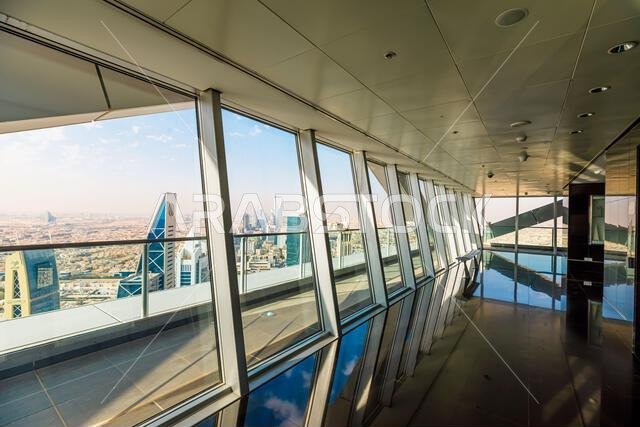 Riyadh , Saudi Arabia - Jannuary 8, 2025: Breathtaking panoramic view of Riyadh skyline, including Kingdom Centre and other iconic buildings, as seen