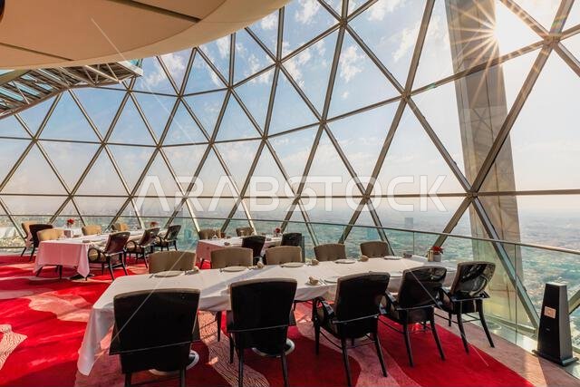 Riyadh , Saudi Arabia - Jannuary 8, 2025: the Globe sky-bar restaurant, Luxurious dining experience at Al Faisaliah Tower, Riyadh, with stunning views