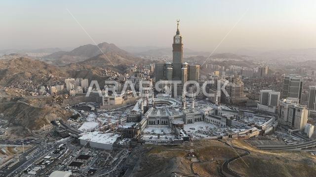 Mecca , Saudi Arabia Mars 30 2024: Makkah city Streets hotels and transportation Makkah Clock Tower - Masjid Al Haram drone aerial view Mecca , Saudi Arabia Mars 30 2024: Makkah city Streets hotels and transportation Makkah Clock Tower - Masjid Al Haram drone aerial view