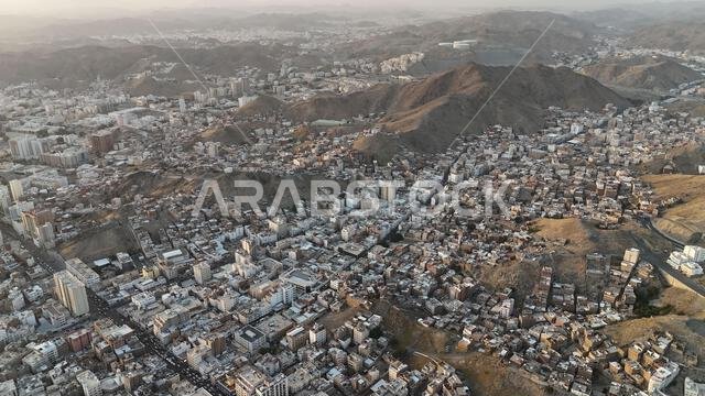 Mecca , Saudi Arabia Mars 30 2024: Makkah city Streets hotels and transportation Makkah Clock Tower - Masjid Al Haram drone aerial view Mecca , Saudi Arabia Mars 30 2024: Makkah city Streets hotels and transportation Makkah Clock Tower - Masjid Al Haram drone aerial view