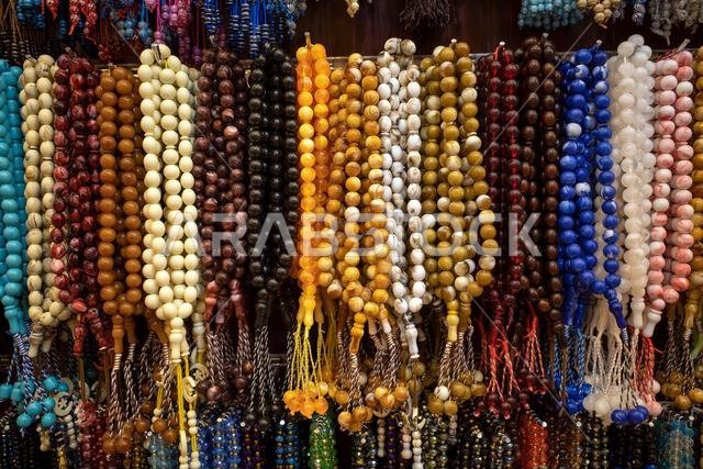 Colorful prayer beads in a market near Medina City, Saudi Arabia, in hajj season.