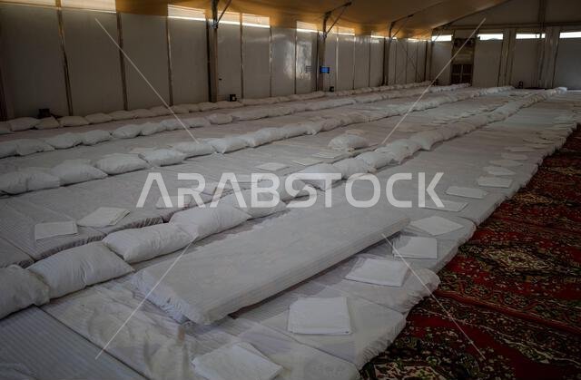 White mattress, resting place in a tent in Arafah, during the peak of the Hajj procession in the Holy Land of Mecca.