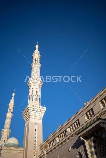 The minarets in Prophet Mosque in Madinah, also known as Masjid Nabawi, Saudi Arabia.