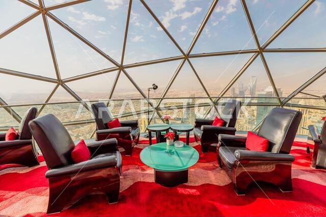 Riyadh , Saudi Arabia - January 8, 2025: the Globe sky-bar restaurant, Luxurious dining experience at Al Faisaliah Tower, Riyadh, with stunning views