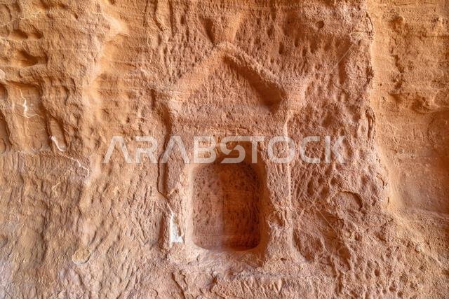 Hegra, Al-Ula, Saudi Arabia, Jan 5, 2025: detail of Jabal Ithlib carved facades of ancient Nabataean tombs at Hegra in Al-Ula, Madinah Province. Diwan Hegra, Al-Ula, Saudi Arabia, Jan 5, 2025: detail of Jabal Ithlib carved facades of ancient Nabataean tombs at Hegra in Al-Ula, Madinah Province. Diwan