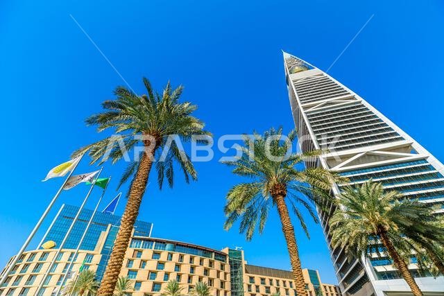 الرياض، المملكة العربية السعودية - 8 يناير 2025: ناطحة سحاب مركز المملكة شامخة فوق أفق مدينة الرياض، مع برج الفيصلية ومطعم غلوب.