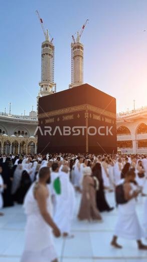 MECCA, SAUDI ARABIA - MAY 02 2024: View on Kaaba from second floor of Masjid Al Haram through some new constructions building around the masjid. High