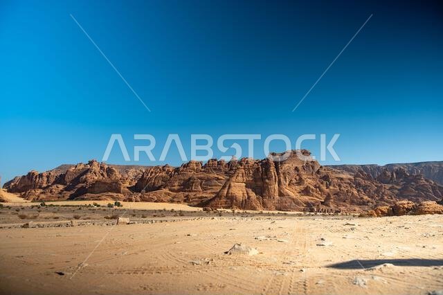 Scenic view of desert against clear blue sky, A beautiful Landscape from Al Ula, Saudi Arabia