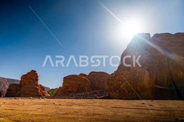 Scenic view of desert against clear blue sky, A beautiful Landscape from Al Ula, Saudi Arabia