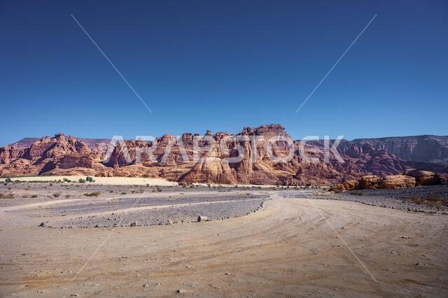 Scenic view of desert against clear blue sky, A beautiful Landscape from Al Ula, Saudi Arabia