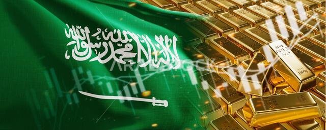 Gold bars with Saudi Arabia flag. Chart simply precious metals stocks. National foreign-exchange reserve banking economy system. Golden reserve. 3d im