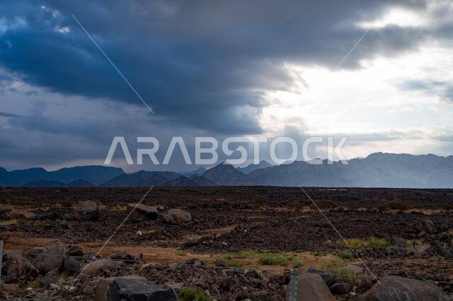 A beautiful landscape view of a Desert from Madinah Region, Saudi Arabia, in a cloudy evening