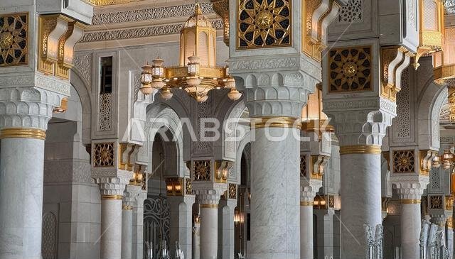 A Muslim pilgrim praying inside the grand Masjid al-Haram in Mecca, Saudi Arabia. The holy Kaaba, Islamic architecture, and religious symbols create a