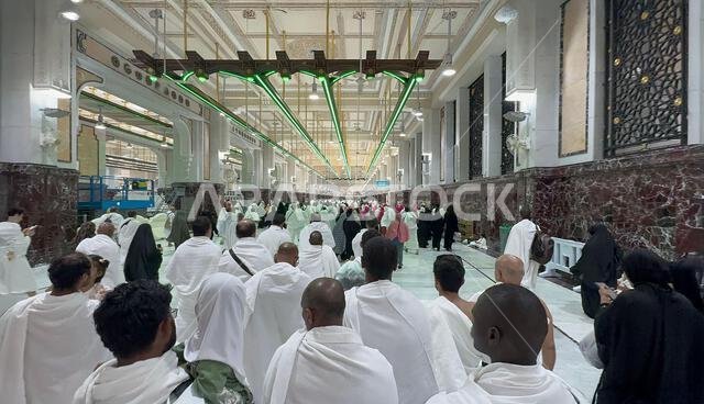 Mecca, Saudi Arabia, May 2 2024: Muslim pilgrims performing Sa'i between Safa and Marwa during Hajj and Umrah in Mecca. A sacred Islamic ritual