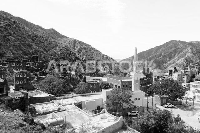 Panorama of beautiful historical houses and mosque minaret in Rijal Almaa heritage village in Saudi Arabia
