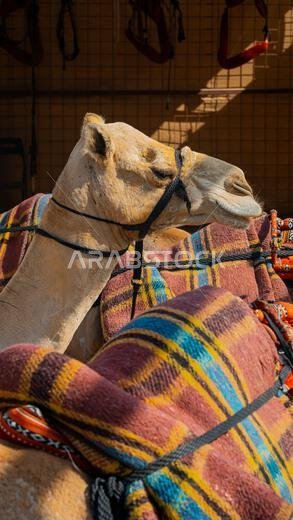 عدد قليل من الجمال في حظيرة تحت أشجار النخيل في منتجع سياحي. صورة عالية الجودة