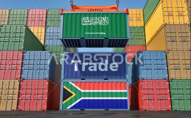 Cargo Container with Saudi Arabia and South Africa flag. 3D Rendering