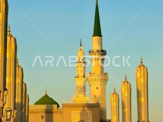 The minarets of The Prophet's Mosque or Al Masjid Al Nabawi, a major site of pilgrimage that falls under the purview of the Custodian of the Two Holy