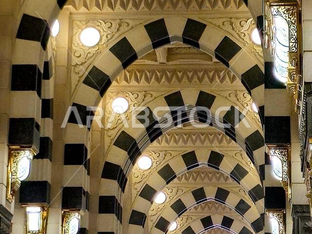 Details of The Prophet's Mosque al-Masjid al-Nabawi, the second mosque built by the Islamic prophet Muhammad in Medina, after the Quba Mosque, the sec