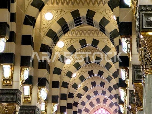 Details of The Prophet's Mosque al-Masjid al-Nabawi, the second mosque built by the Islamic prophet Muhammad in Medina, after the Quba Mosque, the sec Details of The Prophet's Mosque al-Masjid al-Nabawi, the second mosque built by the Islamic prophet Muhammad in Medina, after the Quba Mosque, the sec