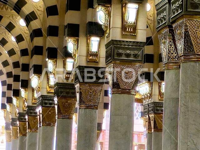 The columns of The Prophet's Mosque al-Masjid al-Nabawi, the second mosque built by the Islamic prophet Muhammad in Medina, after the Quba Mosque, the