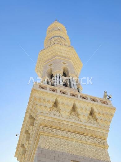 A high minaret of The Prophet's Mosque or Al Masjid Al Nabawi, major site of pilgrimage in Madinah city that falls under the purview of the Custodian