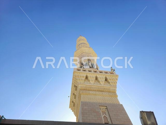 A high minaret of The Prophet's Mosque or Al Masjid Al Nabawi, major site of pilgrimage in Madinah city that falls under the purview of the Custodian