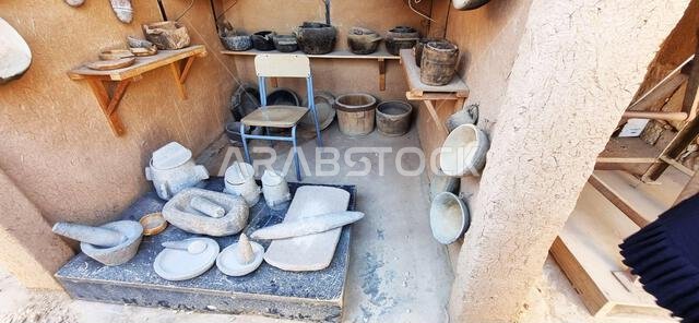 Mecca, Saudi Arabia - December 28th, 2022: Traces of ancient Arab civilization in Alamoudi Museum, Mecca, Saudi Arabia.