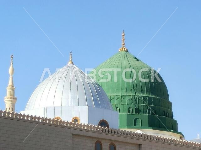 The exterior and the domes of The Prophet's Mosque or Al Masjid Al Nabawi, a major site of pilgrimage that falls under the purview of the Custodian of