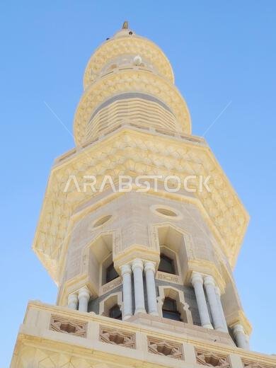 A high minaret of The Prophet's Mosque or Al Masjid Al Nabawi, major site of pilgrimage in Madinah city that falls under the purview of the Custodian