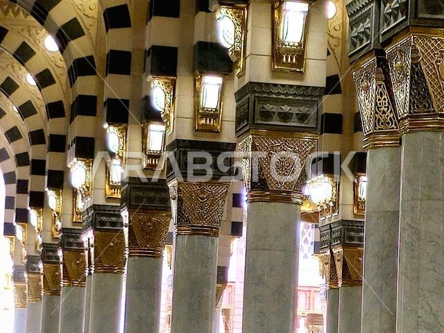 The columns of The Prophet's Mosque al-Masjid al-Nabawi, the second mosque built by the Islamic prophet Muhammad in Medina, after the Quba Mosque, the The columns of The Prophet's Mosque al-Masjid al-Nabawi, the second mosque built by the Islamic prophet Muhammad in Medina, after the Quba Mosque, the