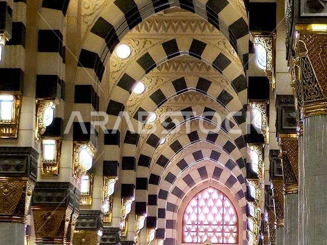 Details of The Prophet's Mosque al-Masjid al-Nabawi, the second mosque built by the Islamic prophet Muhammad in Medina, after the Quba Mosque, the sec