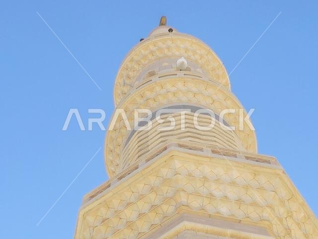 A high minaret of The Prophet's Mosque or Al Masjid Al Nabawi, major site of pilgrimage in Madinah city that falls under the purview of the Custodian