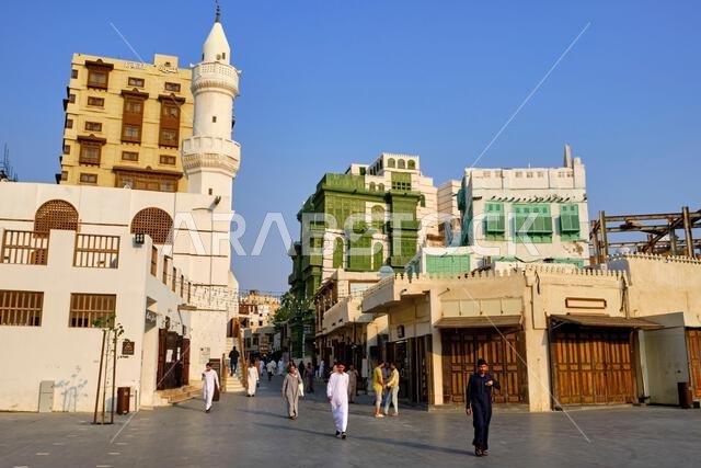 Saudi Arabia, Makkah Province, Jeddah, the historic old town of Al-Balad, a UNESCO World Heritage Site, AlDahab Square, Al Ma'amar Mosque and traditio