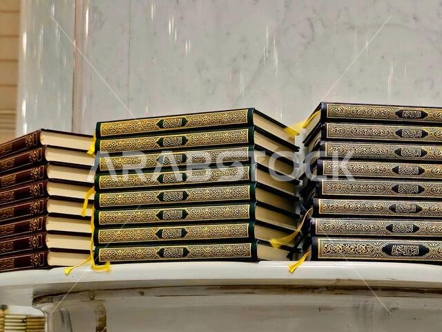 Translation of the Arabic text (Holy Noble Quran), Quran books inside The Prophet's Mosque al-Masjid al-Nabawi, the second mosque built by the Islamic