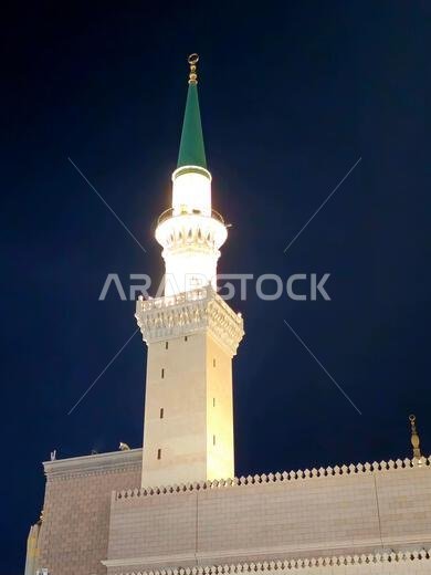 The minaret of The Prophet's Mosque or Al Masjid Al Nabawi, a major site of pilgrimage that falls under the purview of the Custodian of the Two Holy M