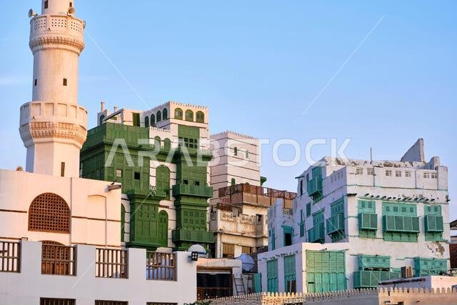 Saudi Arabia, Makkah Province, Jeddah, the historic old town of Al-Balad, a UNESCO World Heritage Site, AlDahab Square, Al Ma'amar Mosque and traditio