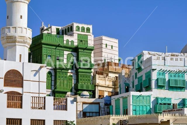 Saudi Arabia, Makkah Province, Jeddah, the historic old town of Al-Balad, a UNESCO World Heritage Site, AlDahab Square, Al Ma'amar Mosque and traditio