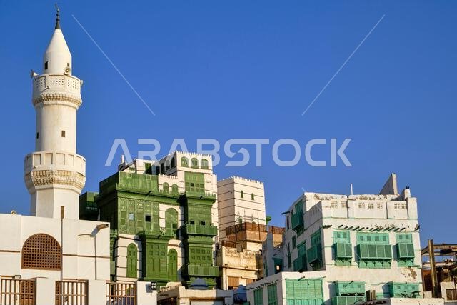 Saudi Arabia, Makkah Province, Jeddah, the historic old town of Al-Balad, a UNESCO World Heritage Site, AlDahab Square, Al Ma'amar Mosque and traditio