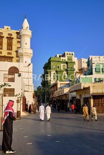 Saudi Arabia, Makkah Province, Jeddah, the historic old town of Al-Balad, a UNESCO World Heritage Site, AlDahab Square, Al Ma'amar Mosque and traditio